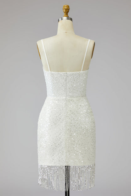 Tight Short Sparkly Ivory Spaghetti Straps Beaded Wedding Dress with Fringes