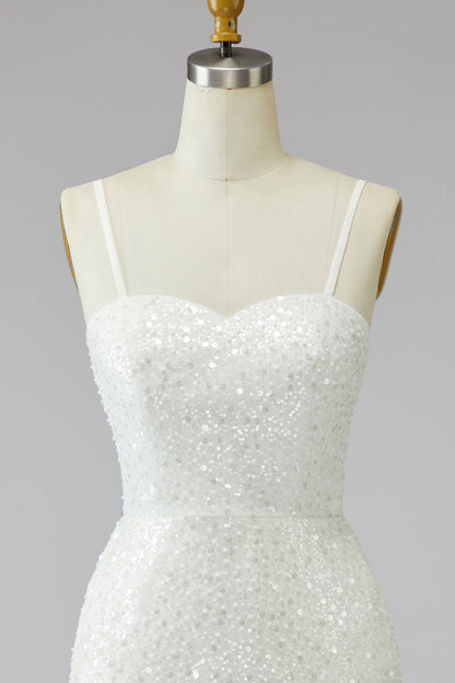 Tight Short Sparkly Ivory Spaghetti Straps Beaded Wedding Dress with Fringes