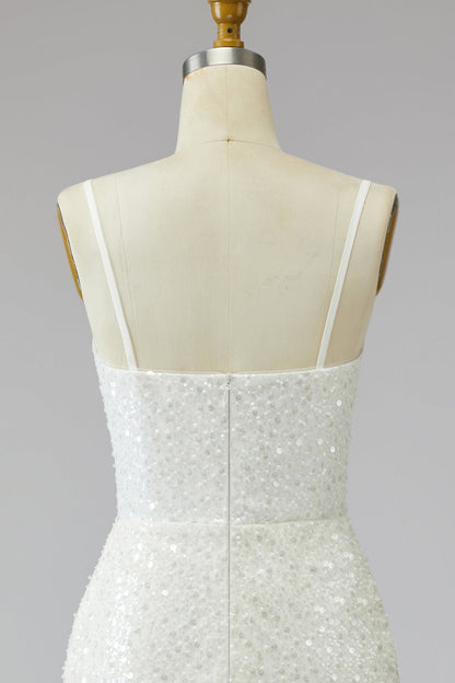 Tight Short Sparkly Ivory Spaghetti Straps Beaded Wedding Dress with Fringes