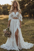2 Piece Floral Lace Ruffled Ivory A Line Sweep Train Boho Wedding Dress with Slit