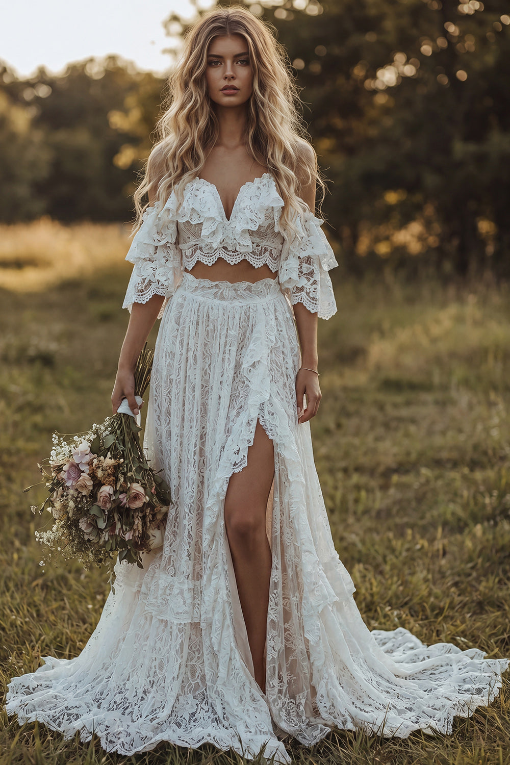 2 Piece Floral Lace Ruffled Ivory A Line Sweep Train Boho Wedding Dress with Slit