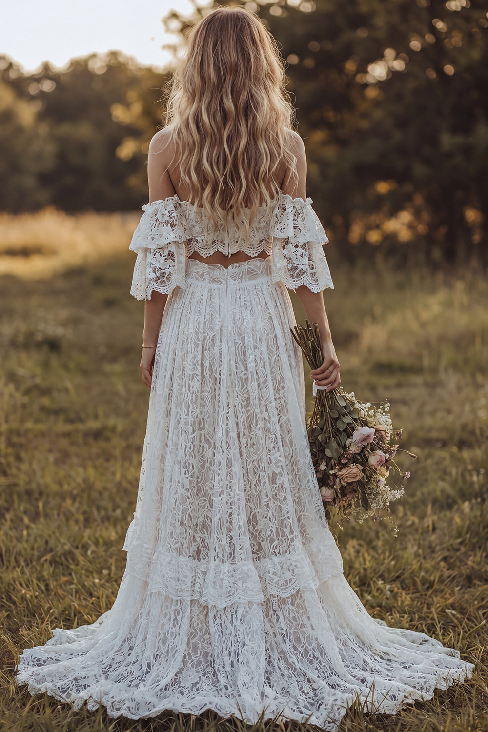 2 Piece Floral Lace Ruffled Ivory A Line Sweep Train Boho Wedding Dress with Slit