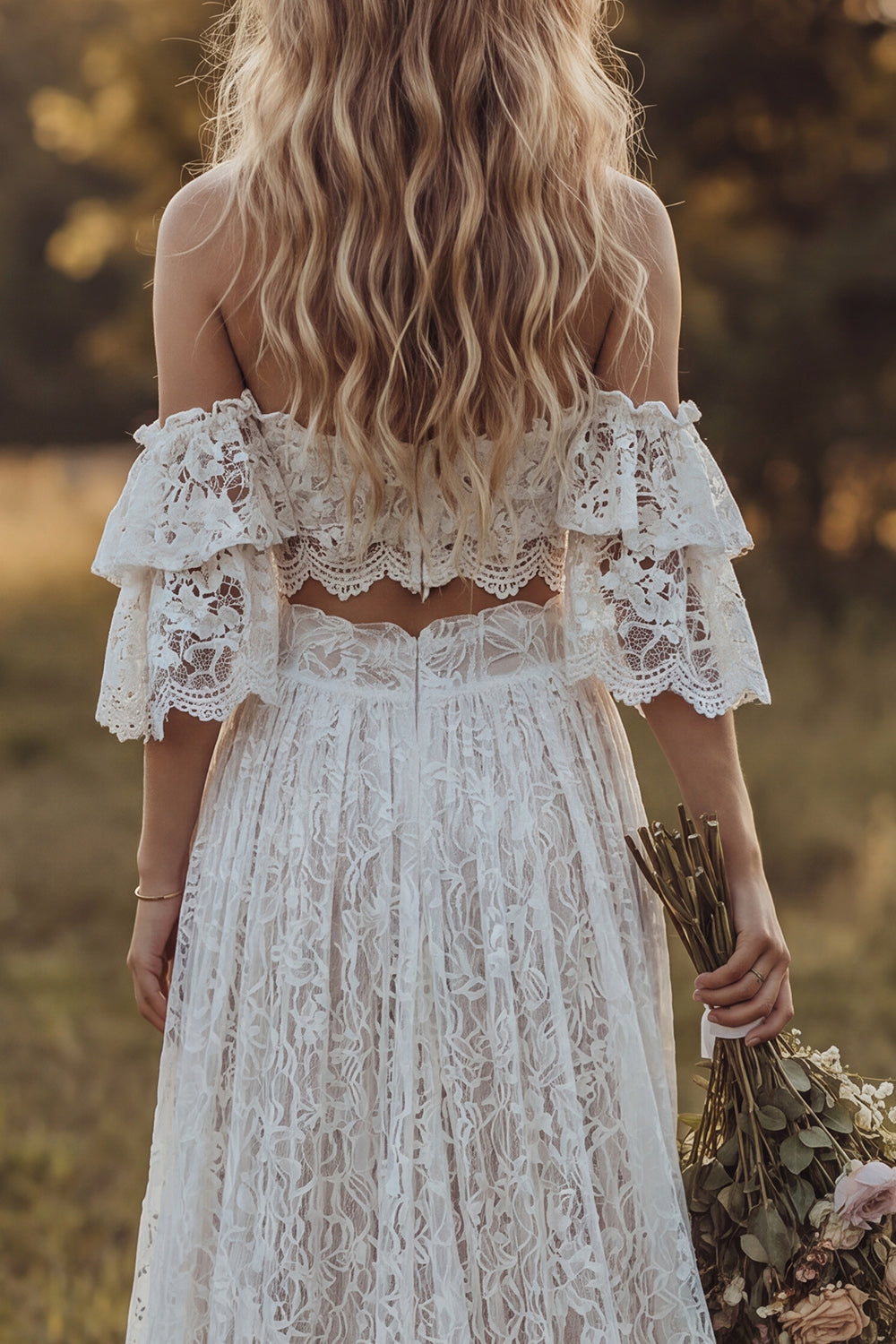 2 Piece Floral Lace Ruffled Ivory A Line Sweep Train Boho Wedding Dress with Slit