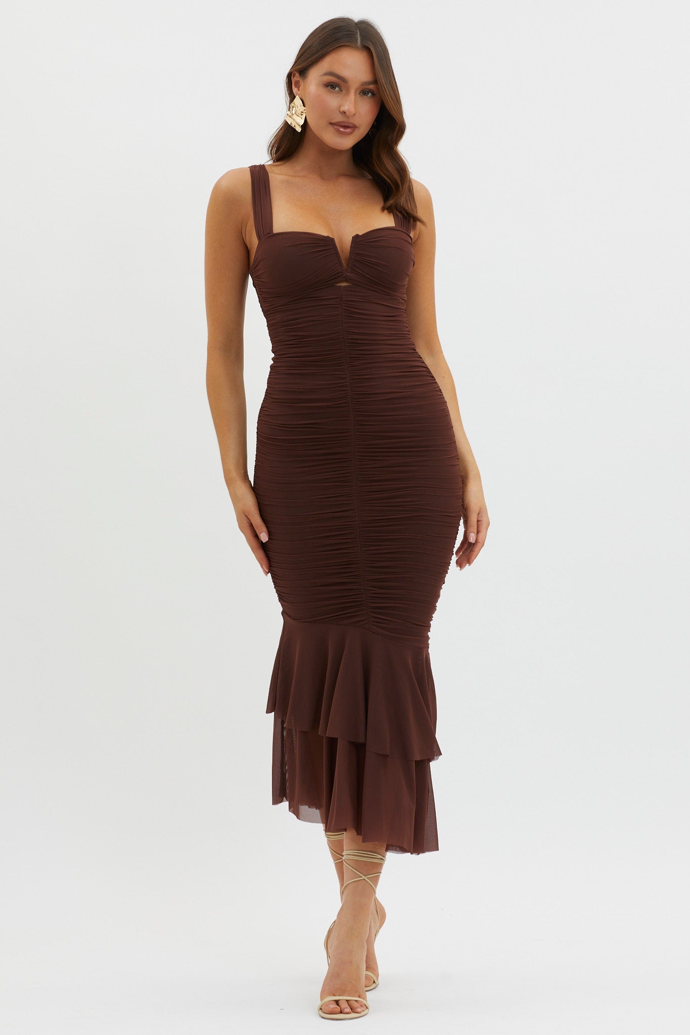 Nadia Ruched Fishtail Maxi Dress Chocolate