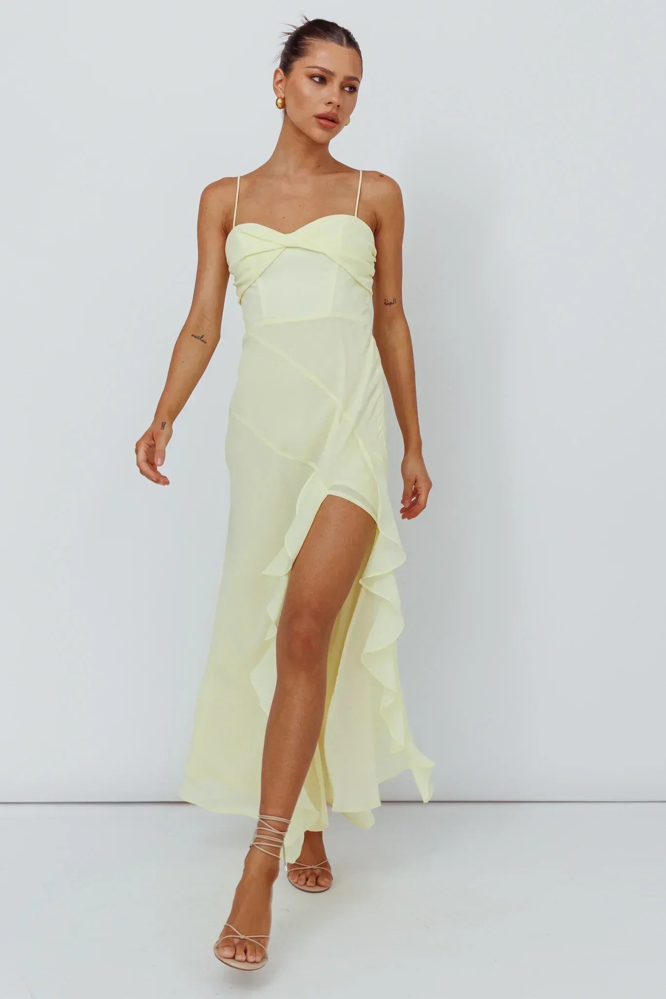 Jayna Ruffle Trim Split Dress Yellow