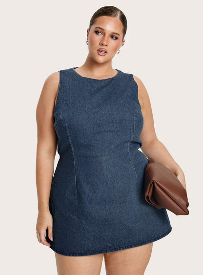 Ainsleigh Shift Denim Romper Mid Blue Wash Curve