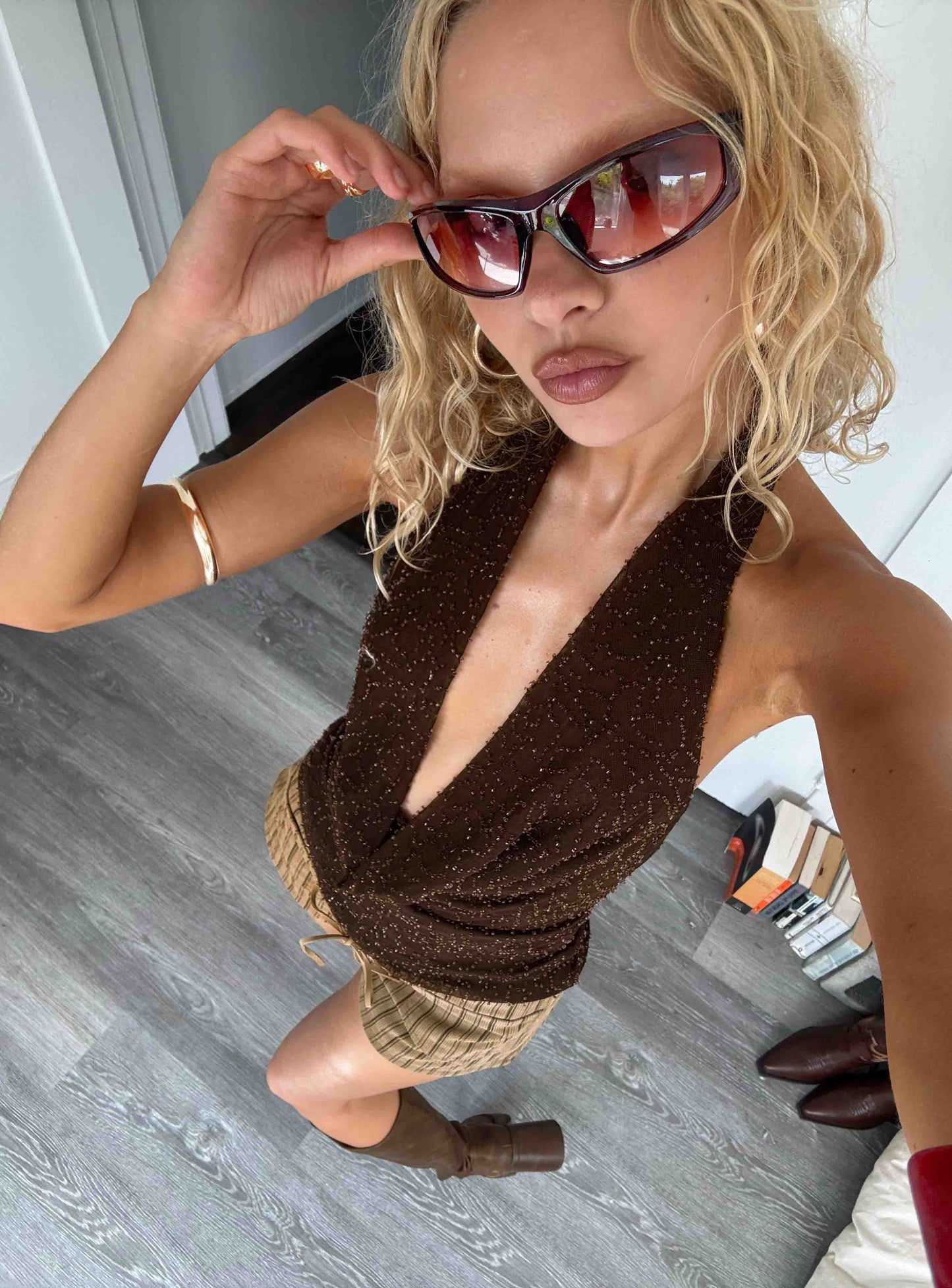 Auralie Plunge Neck Halter Top Brown