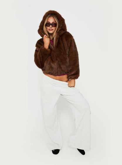 Act Up Faux Fur Hooded Jacket Brown