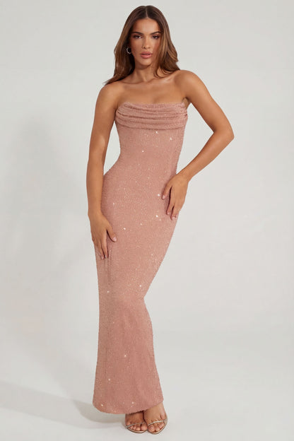 Embellished Bandeau Cowl Neck Maxi Dress in Caramel
