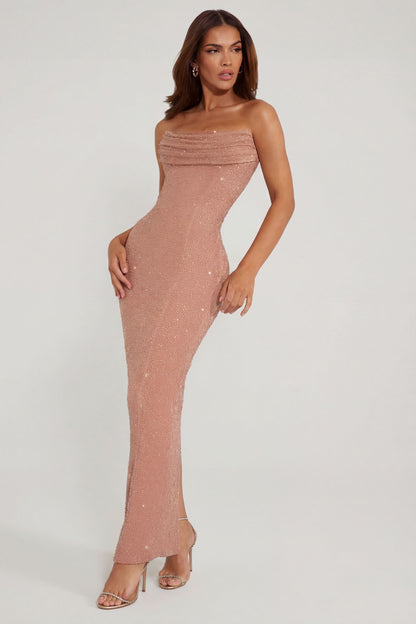 Embellished Bandeau Cowl Neck Maxi Dress in Caramel