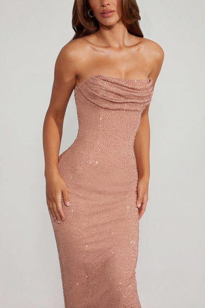 Embellished Bandeau Cowl Neck Maxi Dress in Caramel