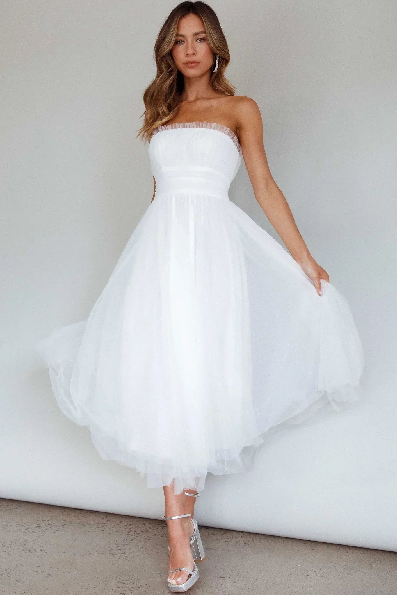 Fayette Strapless Mesh Midi Dress White