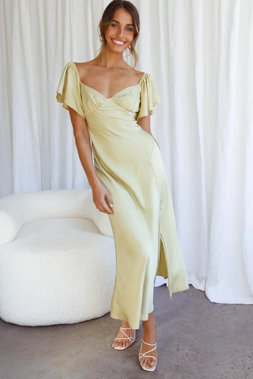 Park Avenue Flutter Sleeve Side Split Midi Dress Matcha
