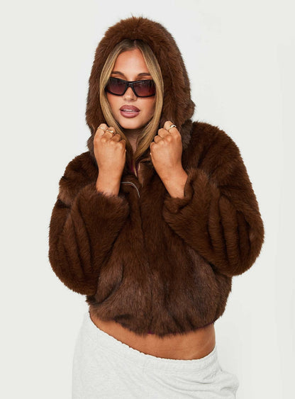 Act Up Faux Fur Hooded Jacket Brown