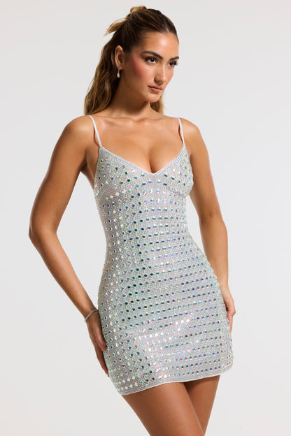 Embellished V-neck A-Line Mini Dress in Silver