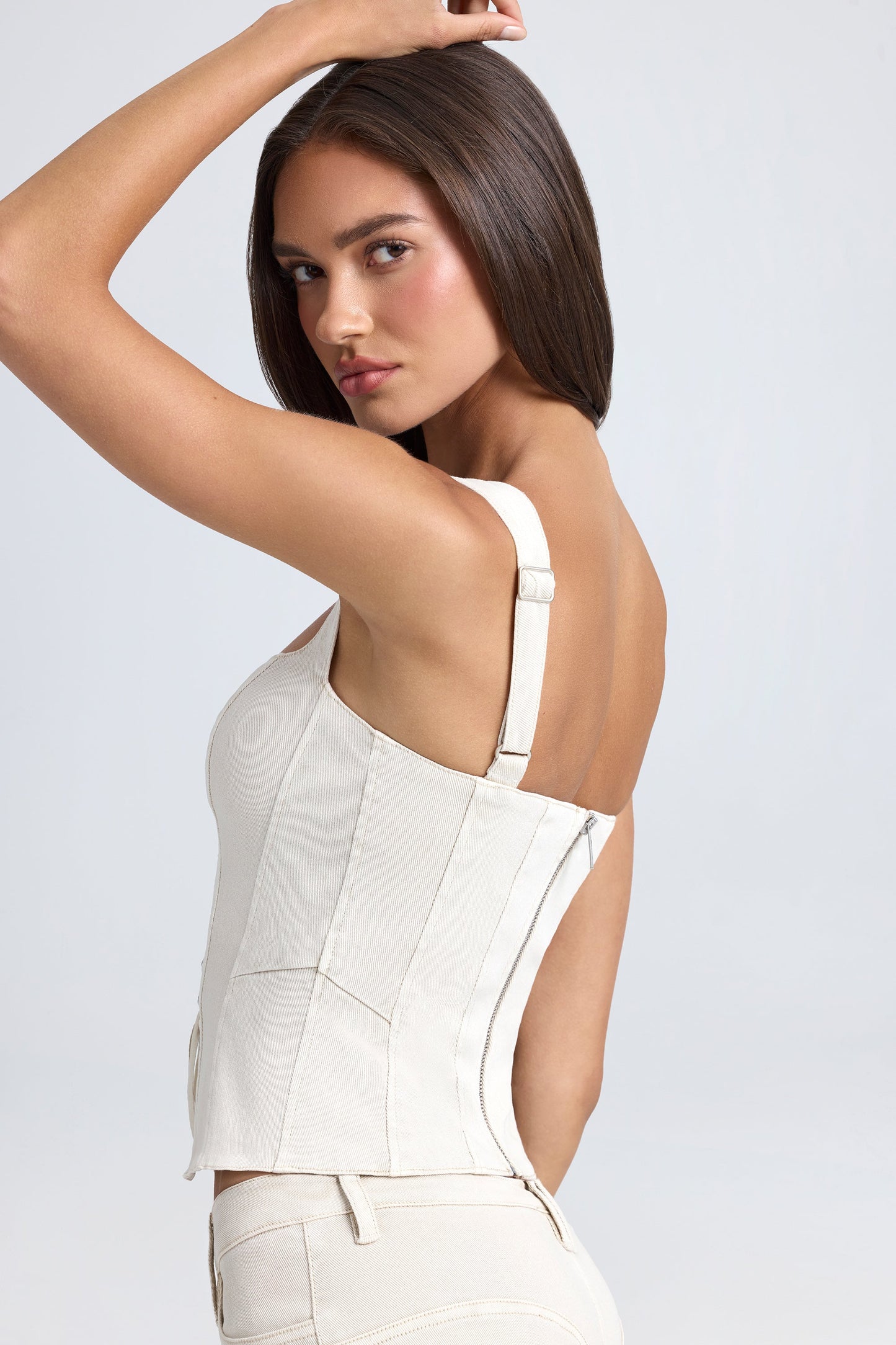 Denim Style Lace-Up Corset Top in Ecru
