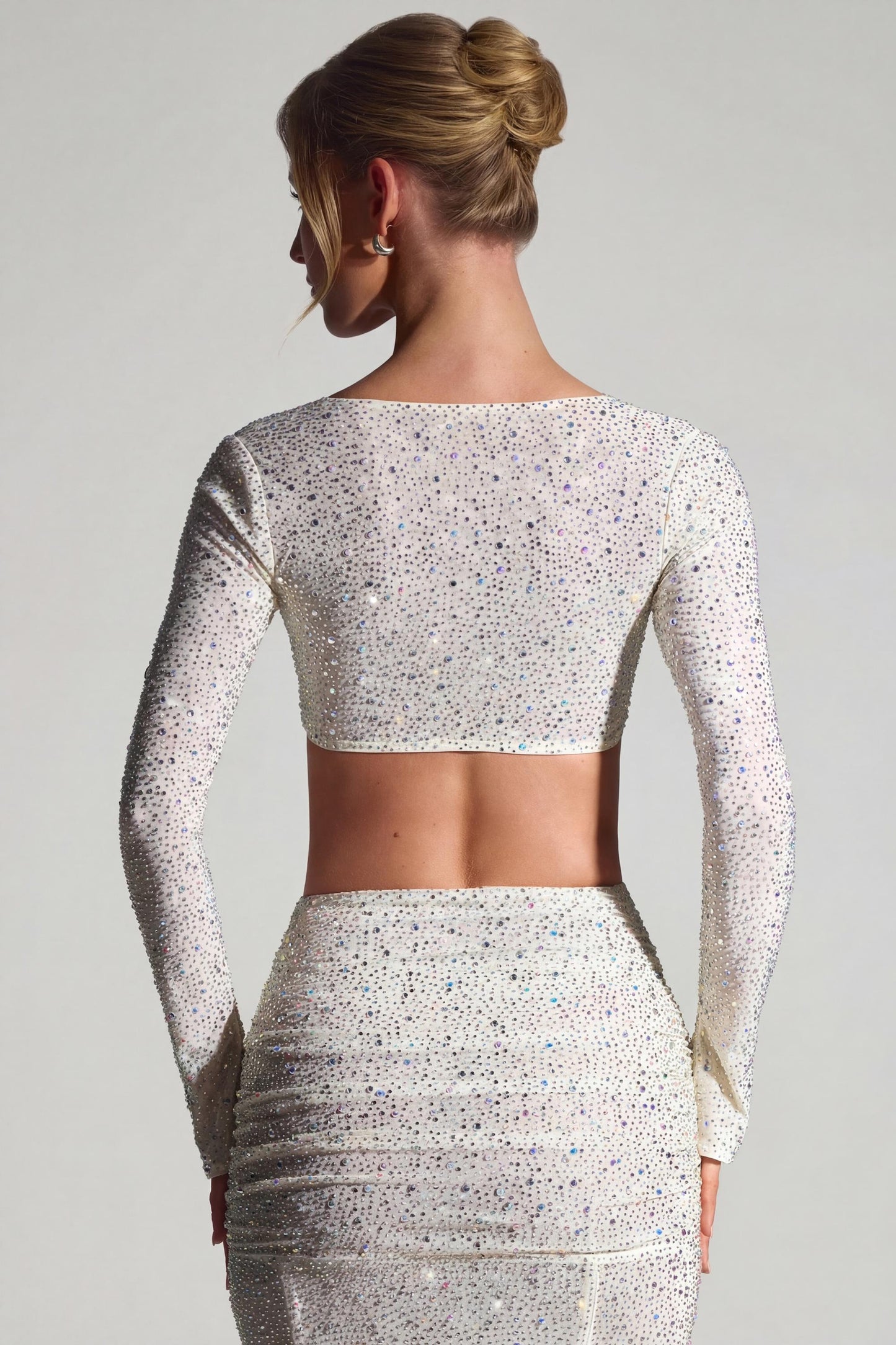 Embellished Long-Sleeve Crop Top in White