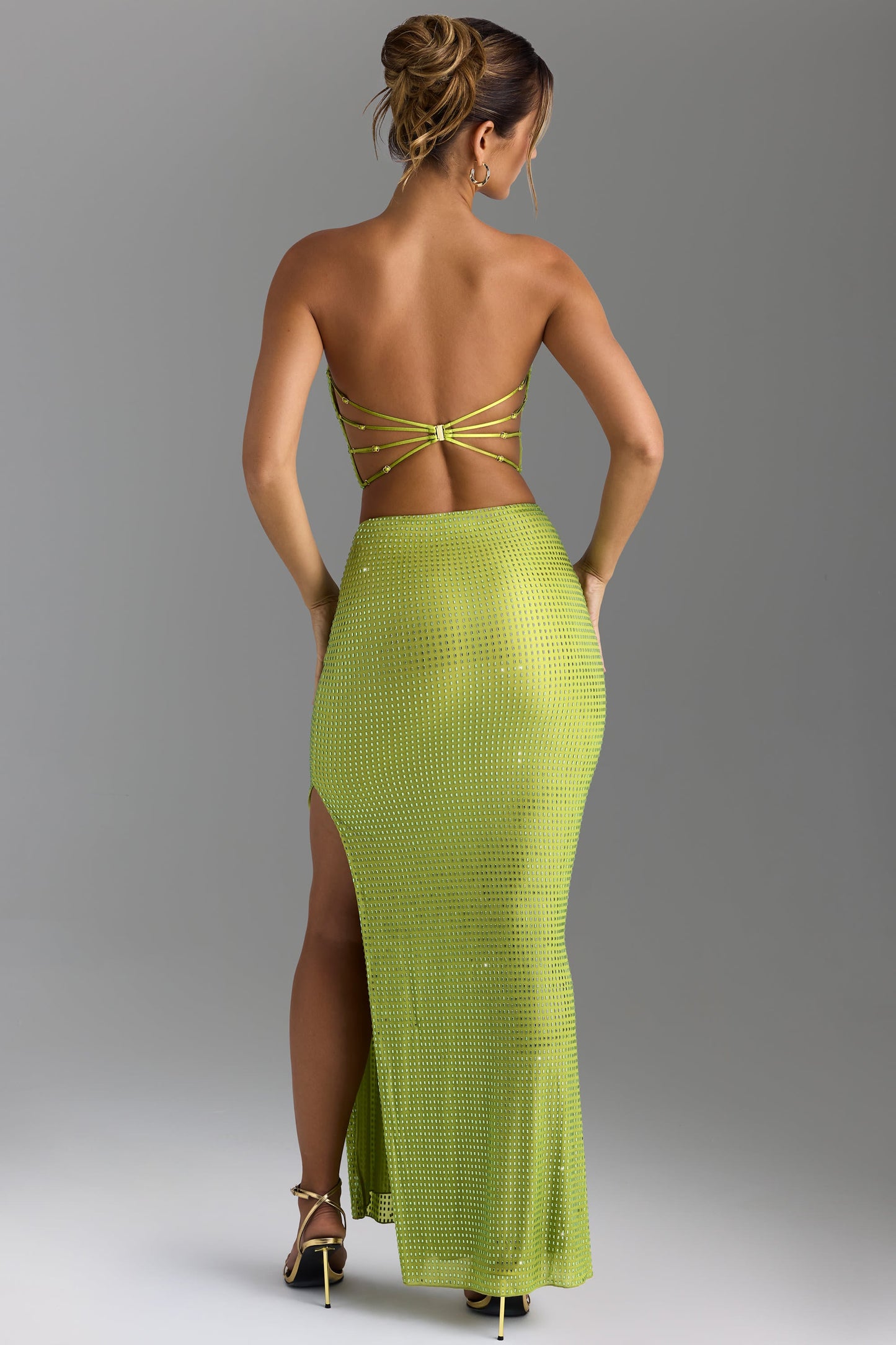 Embellished V-Waist Thigh-Split Maxi Skirt in Pear Green