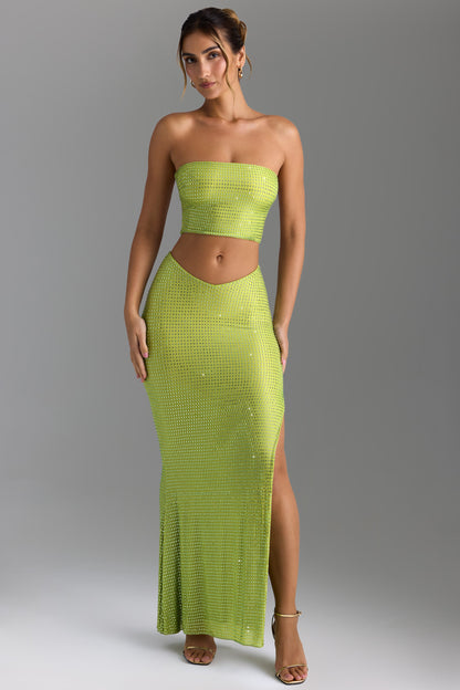 Embellished V-Waist Thigh-Split Maxi Skirt in Pear Green