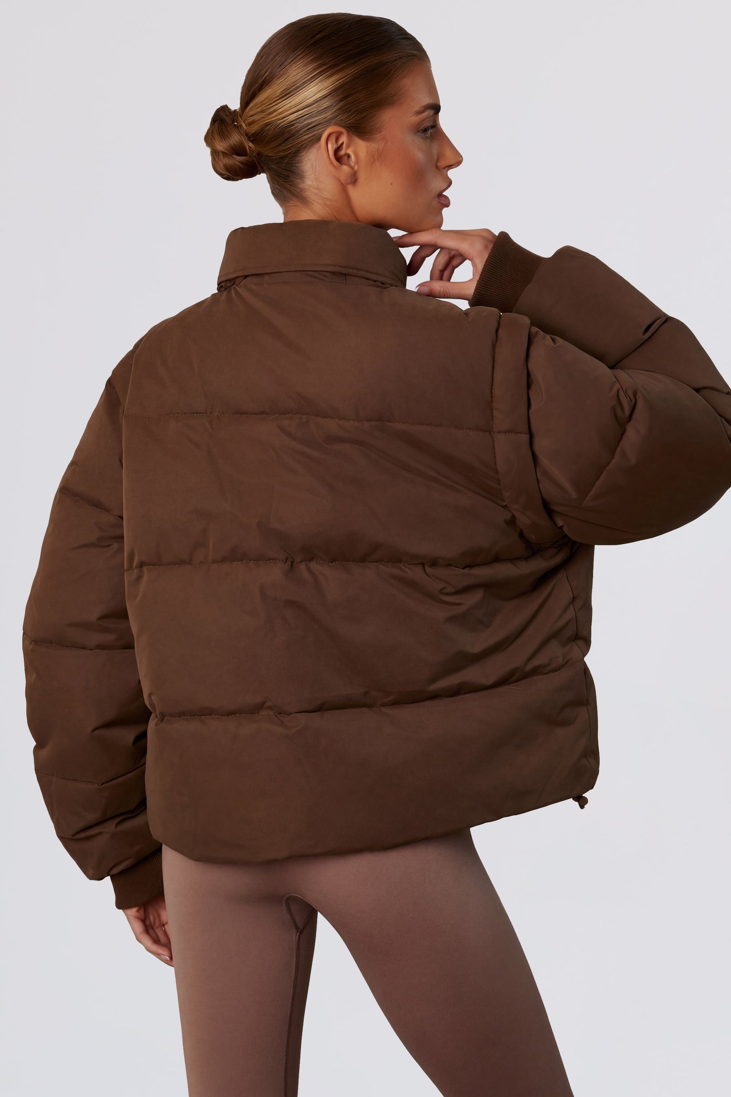 Cropped Puffer Jacket with Detachable Sleeves in Cocoa Brown