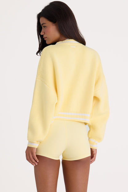 Button-Up Cropped Knit Cardigan in Soft Yellow