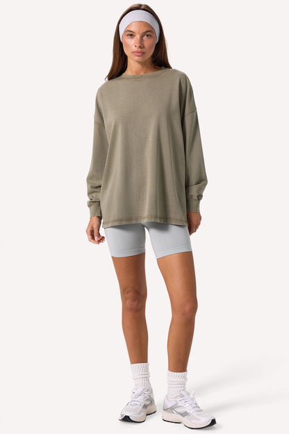 Acid Wash Long-Sleeve Oversized T-Shirt in Light Green