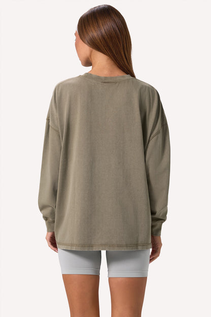 Acid Wash Long-Sleeve Oversized T-Shirt in Light Green