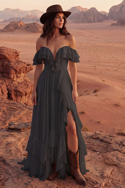 Ivory A Line Maxi Off the Shoulder Beach Wedding Dress with Ruffles