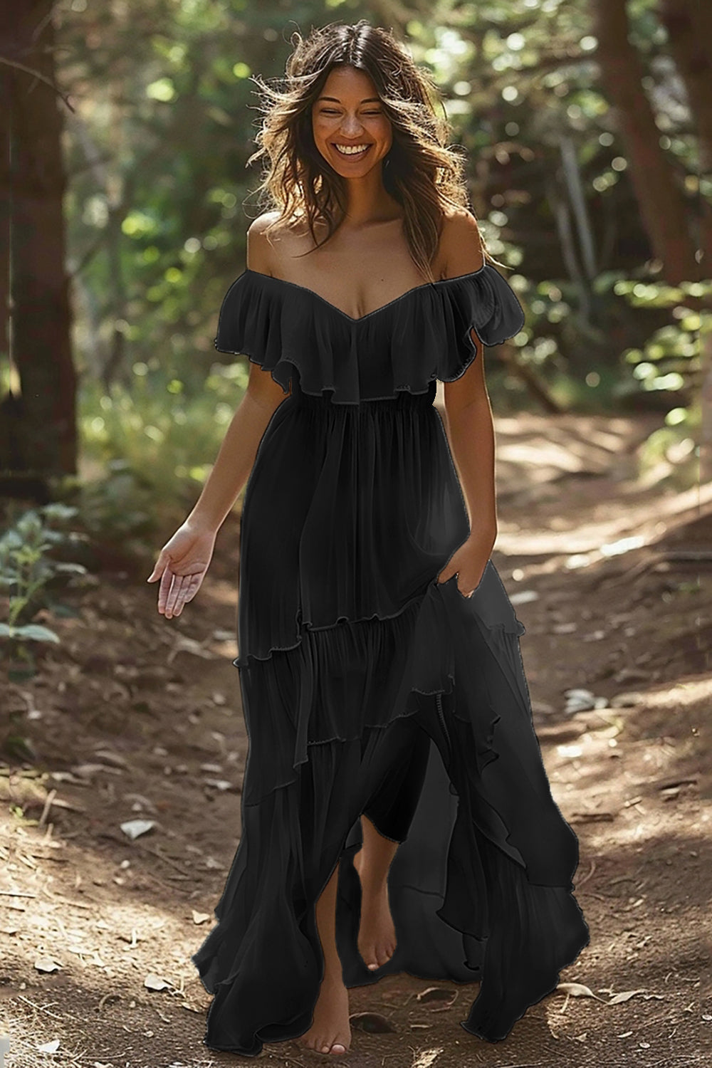 White Chiffon Tiered Off the Shoulder Boho Sweep Train Wedding Dress