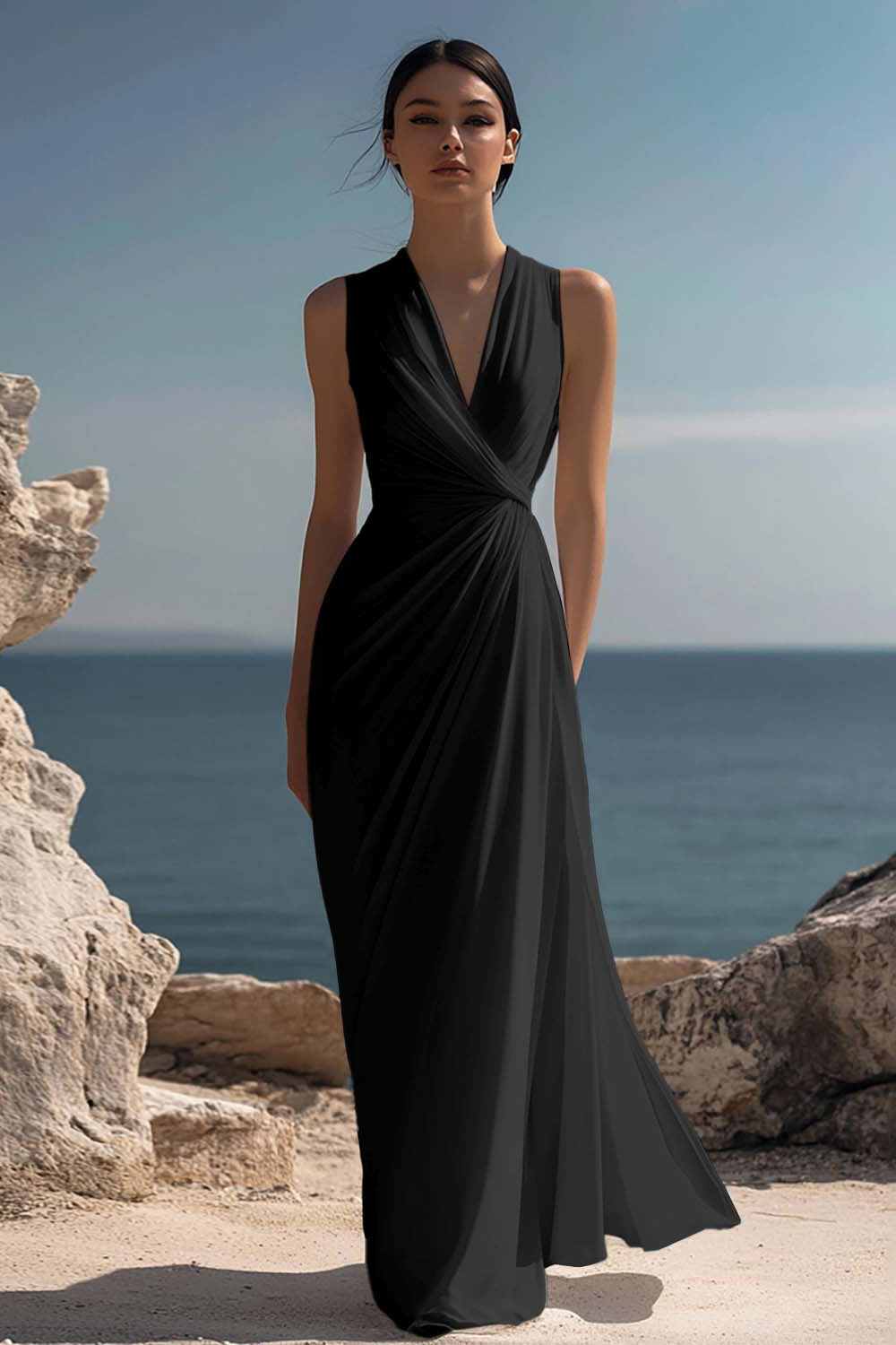 White Chiffon Sheath Ruched Sleeveless Long Rehearsal Dinner Dress