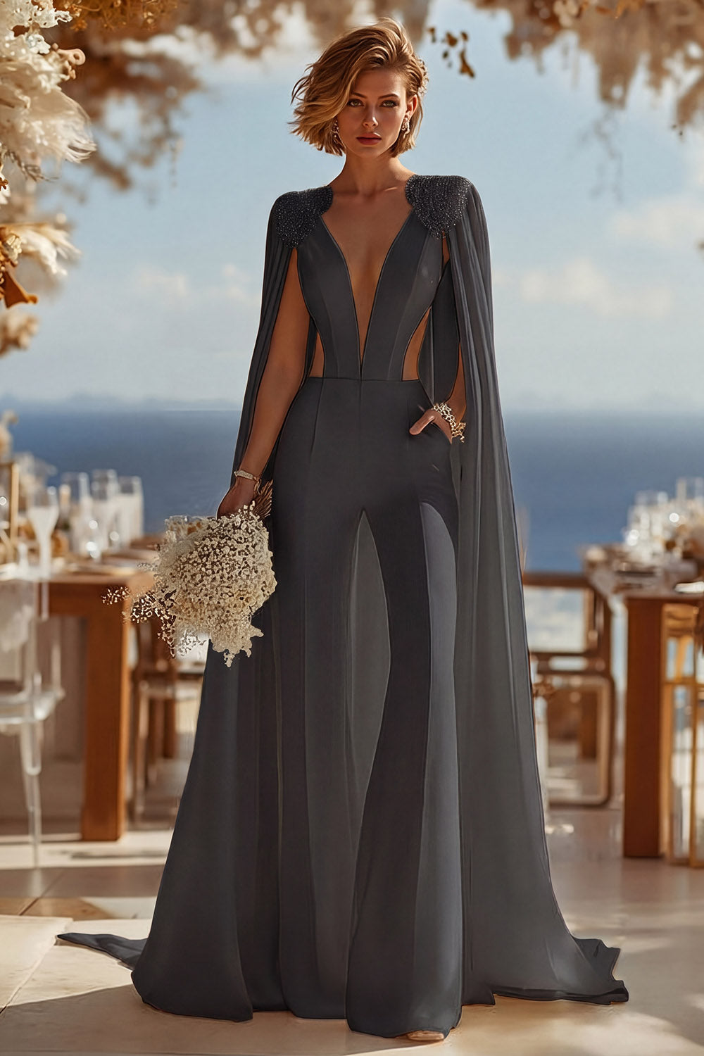 Ivory Deep V-Neck Cut Out Bridal Jumpsuits with Cape