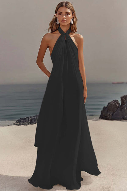 Chiffon White A Line Halter Long Rehearsal Dinner Dress