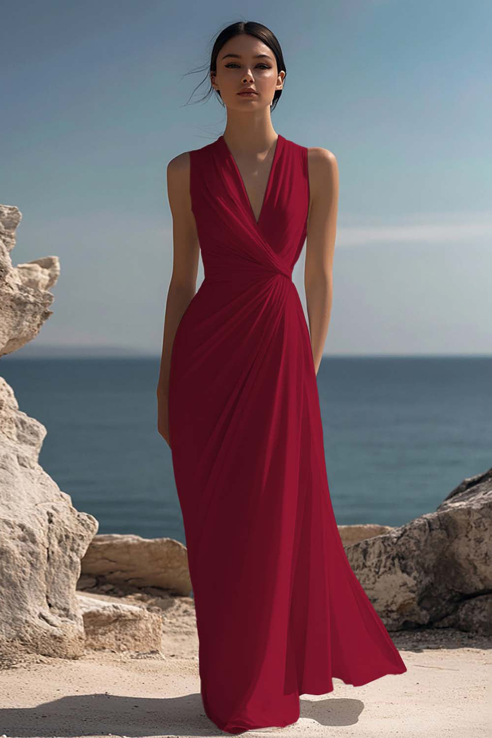 White Chiffon Sheath Ruched Sleeveless Long Rehearsal Dinner Dress