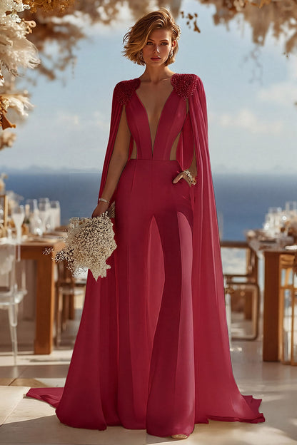 Ivory Deep V-Neck Cut Out Bridal Jumpsuits with Cape