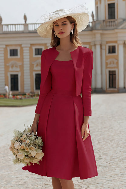 Ivory 2 Piece Satin Boat Neck Midi Wedding Dress with Jacket
