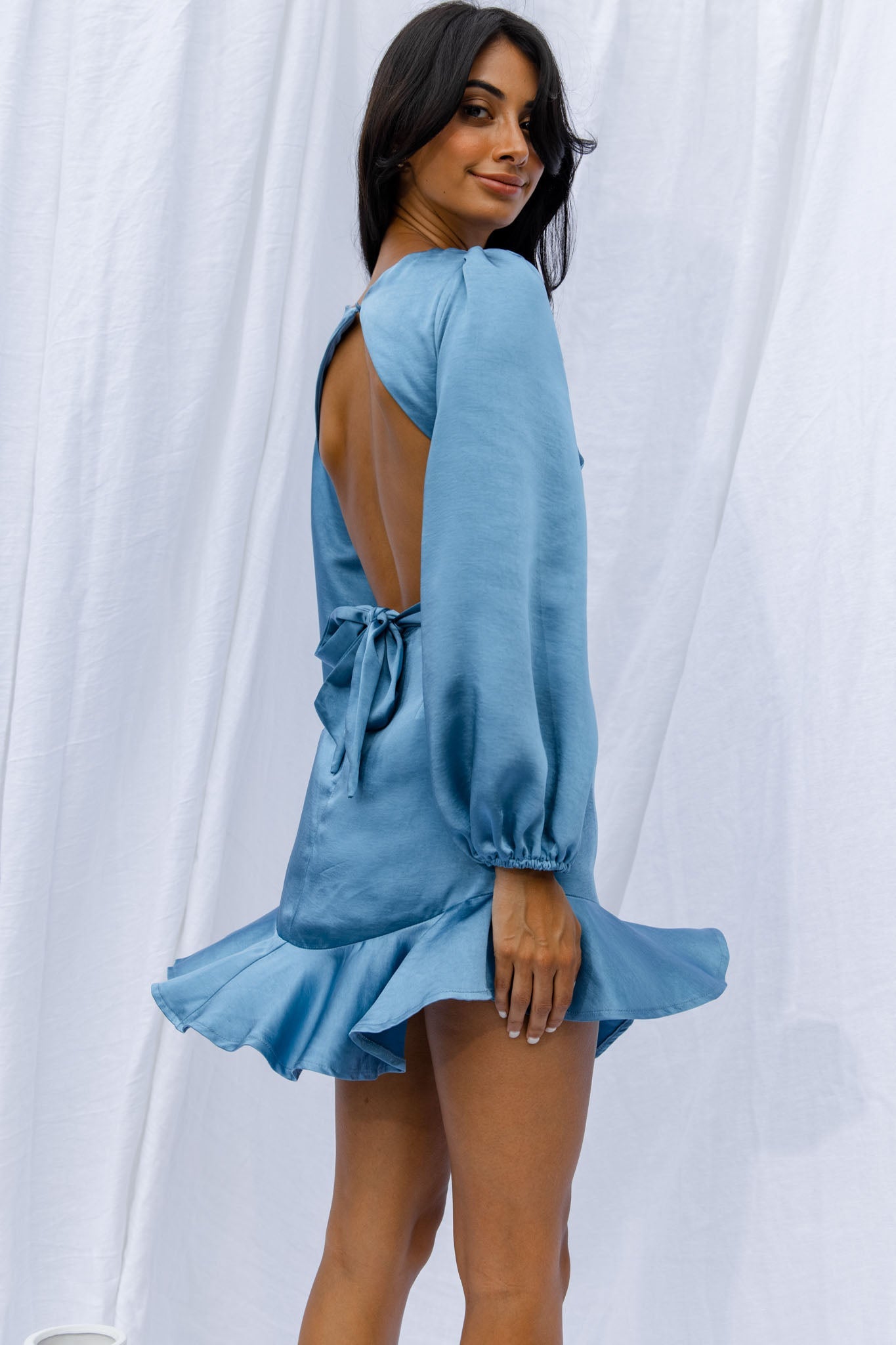 Playa Vista Long Sleeve Frill Hem Dress Blue
