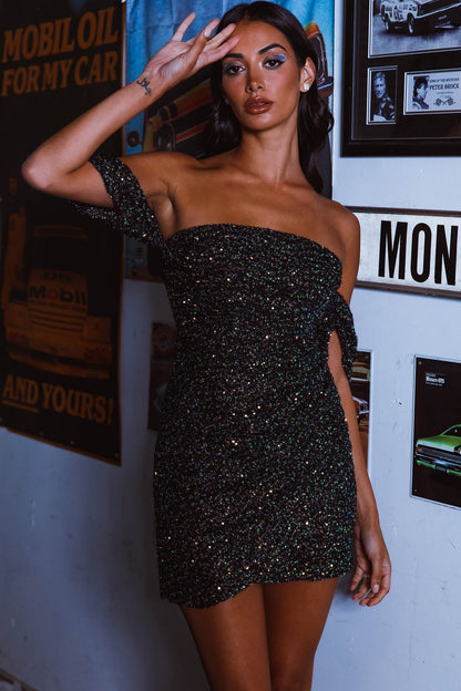 Night To Remember Off-Shoulder Sequin Dress Black