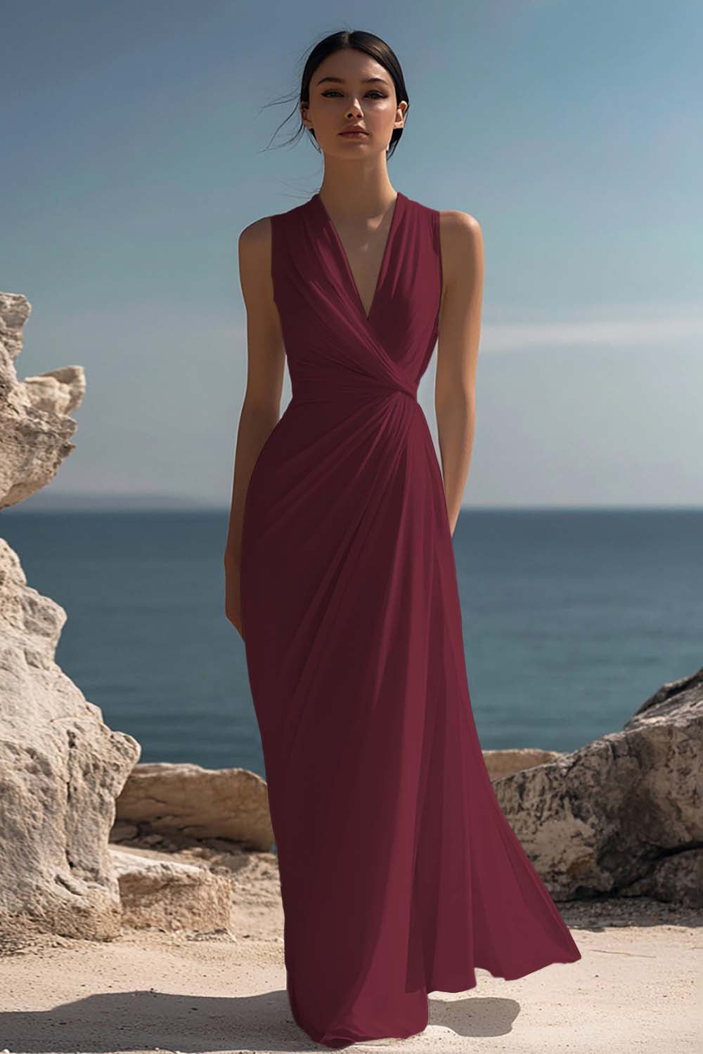 White Chiffon Sheath Ruched Sleeveless Long Rehearsal Dinner Dress