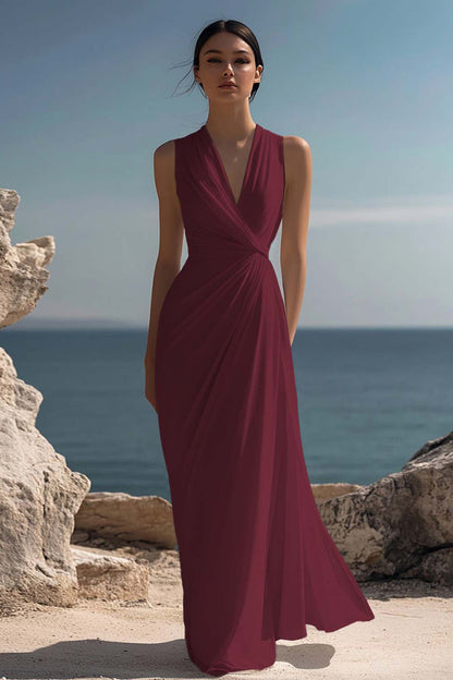 White Chiffon Sheath Ruched Sleeveless Long Rehearsal Dinner Dress