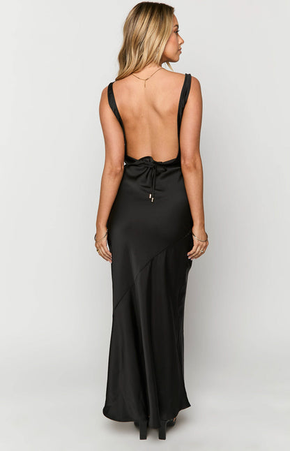 Carnation Black Satin Maxi Dress
