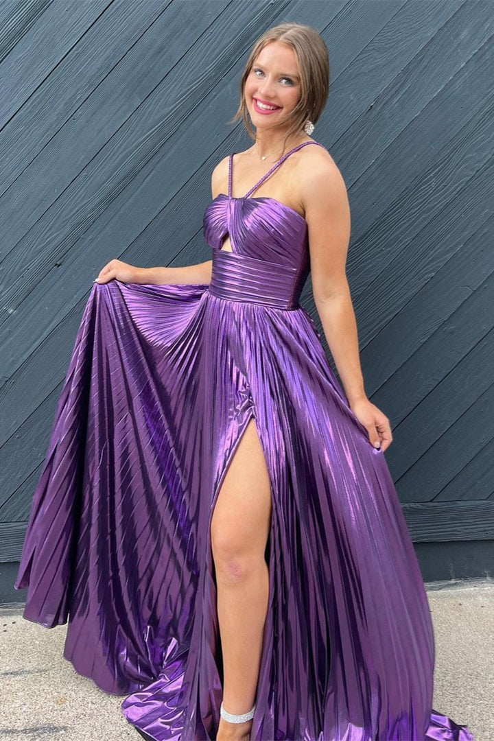 Halter Fuchsia Pleated Metallic Long Dress