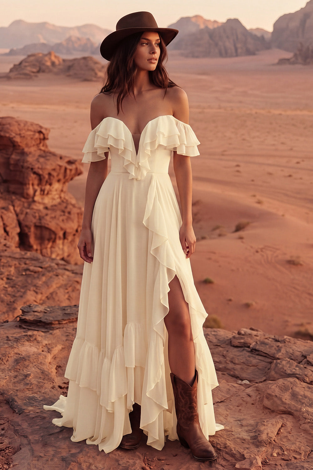 Ivory A Line Maxi Off the Shoulder Beach Wedding Dress with Ruffles