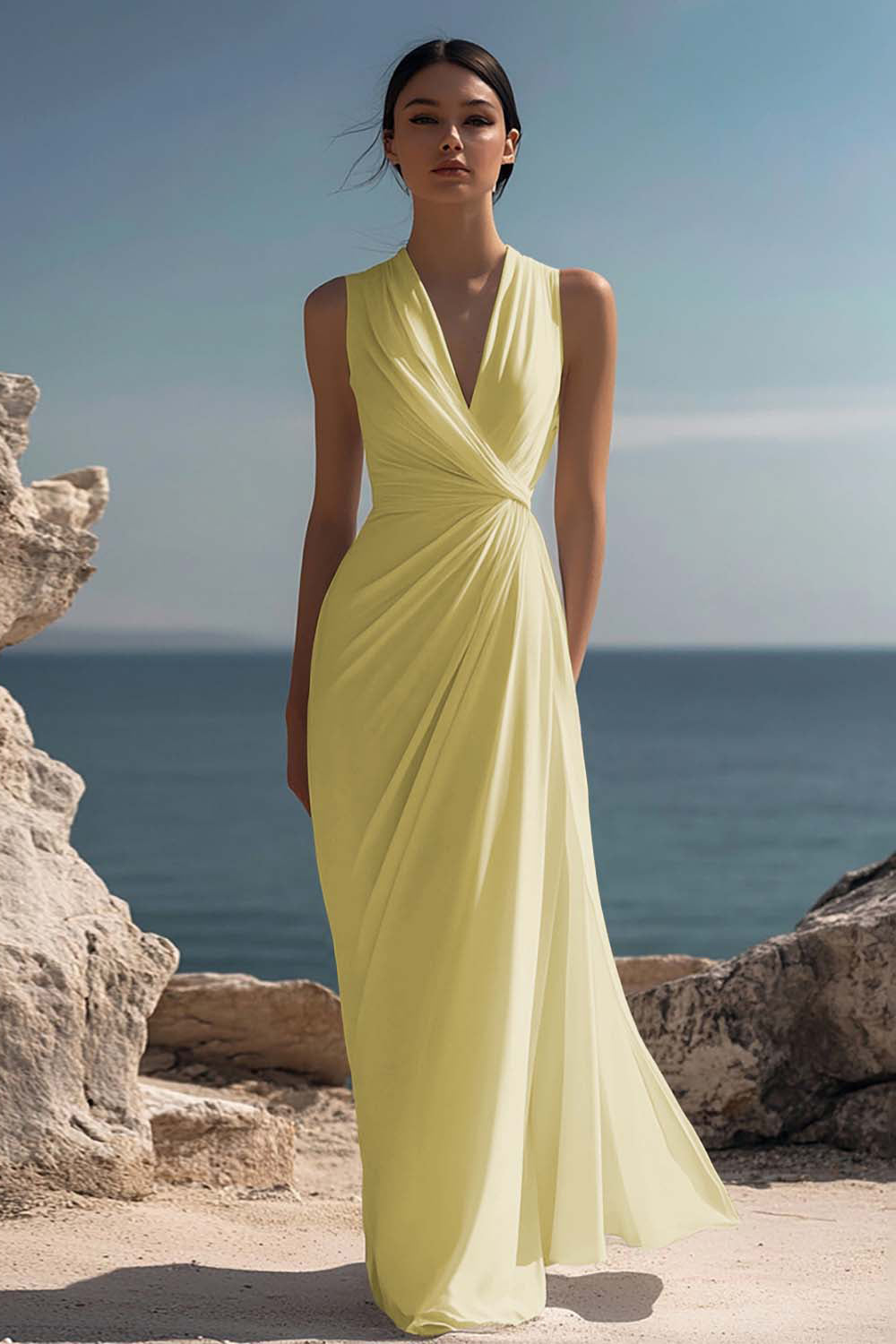 White Chiffon Sheath Ruched Sleeveless Long Rehearsal Dinner Dress