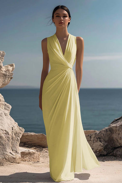 White Chiffon Sheath Ruched Sleeveless Long Rehearsal Dinner Dress