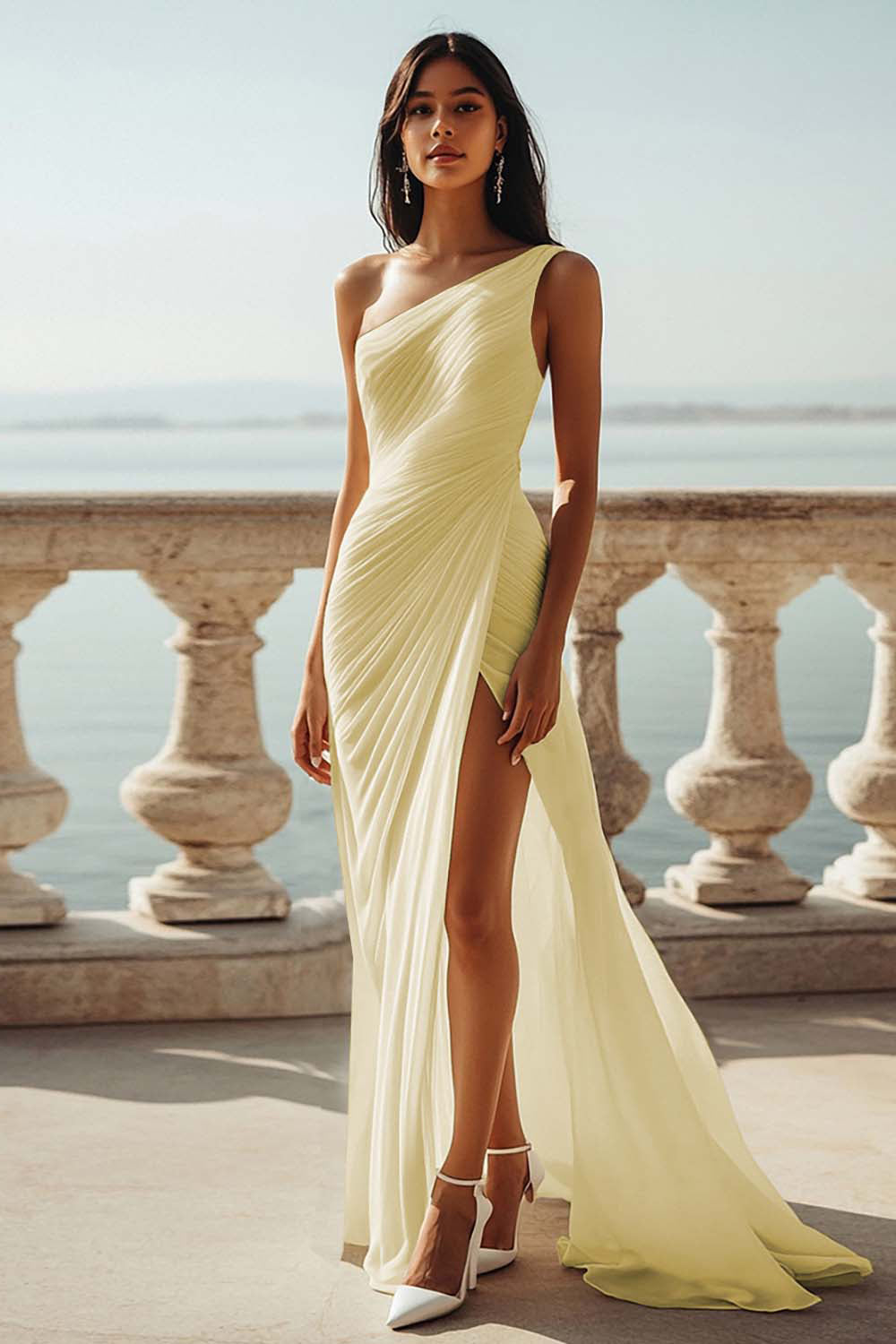 Sky Blue One Shoulder Beach Maxi Formal Dress with Slit