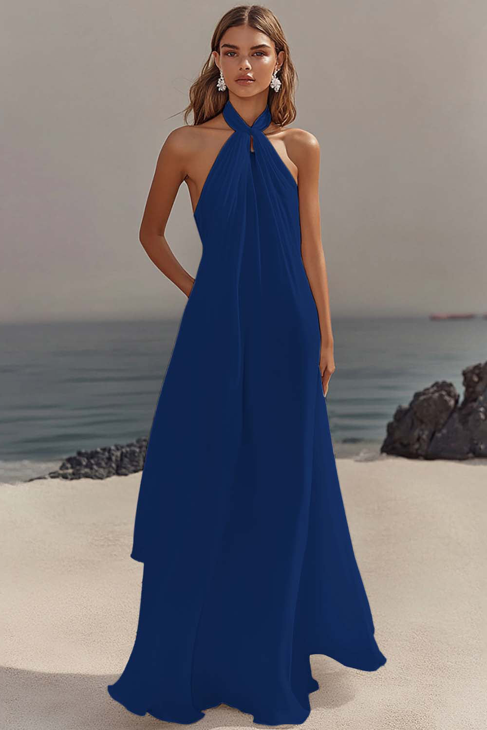 Chiffon White A Line Halter Long Rehearsal Dinner Dress