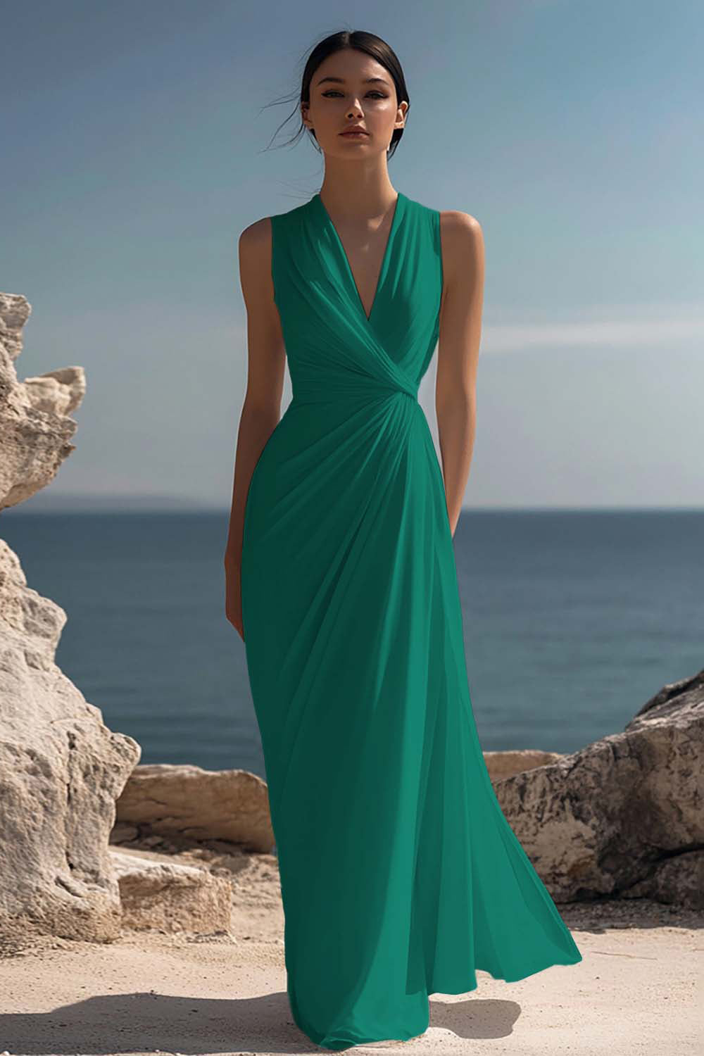 White Chiffon Sheath Ruched Sleeveless Long Rehearsal Dinner Dress