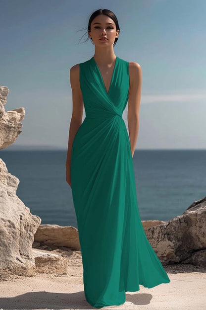 White Chiffon Sheath Ruched Sleeveless Long Rehearsal Dinner Dress