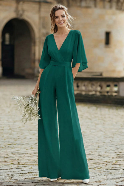 Ivory V-Neck Half Sleeves Long Wedding Jumpsuits with Pockets