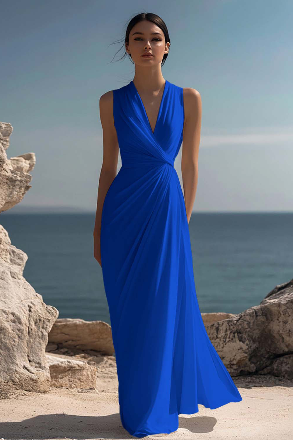 White Chiffon Sheath Ruched Sleeveless Long Rehearsal Dinner Dress
